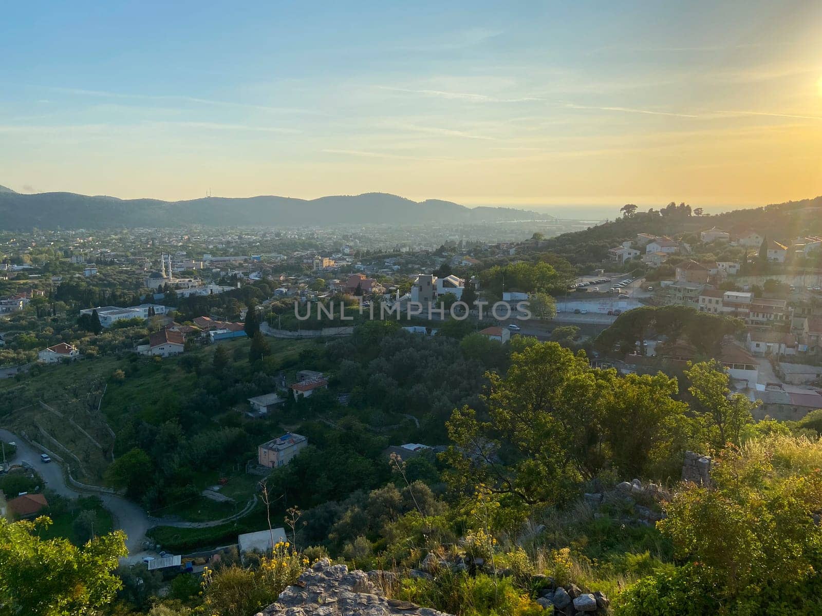 Top view Aerial view of Muslim neighborhood with mosque in city of Bar in Montenegro