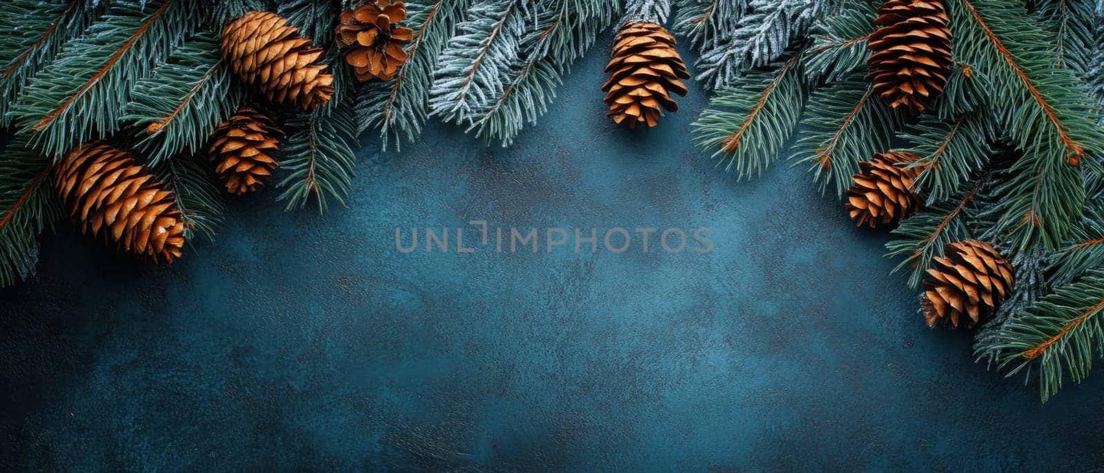 Evergreen branches and pinecones create a natural border against a blue background evoking the essence of winter and holiday decorations.
