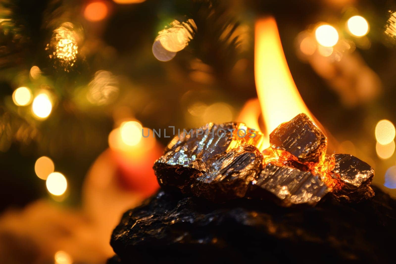 Bright embers burn warmly as holiday lights twinkle in the background creating a cozy winter atmosphere.