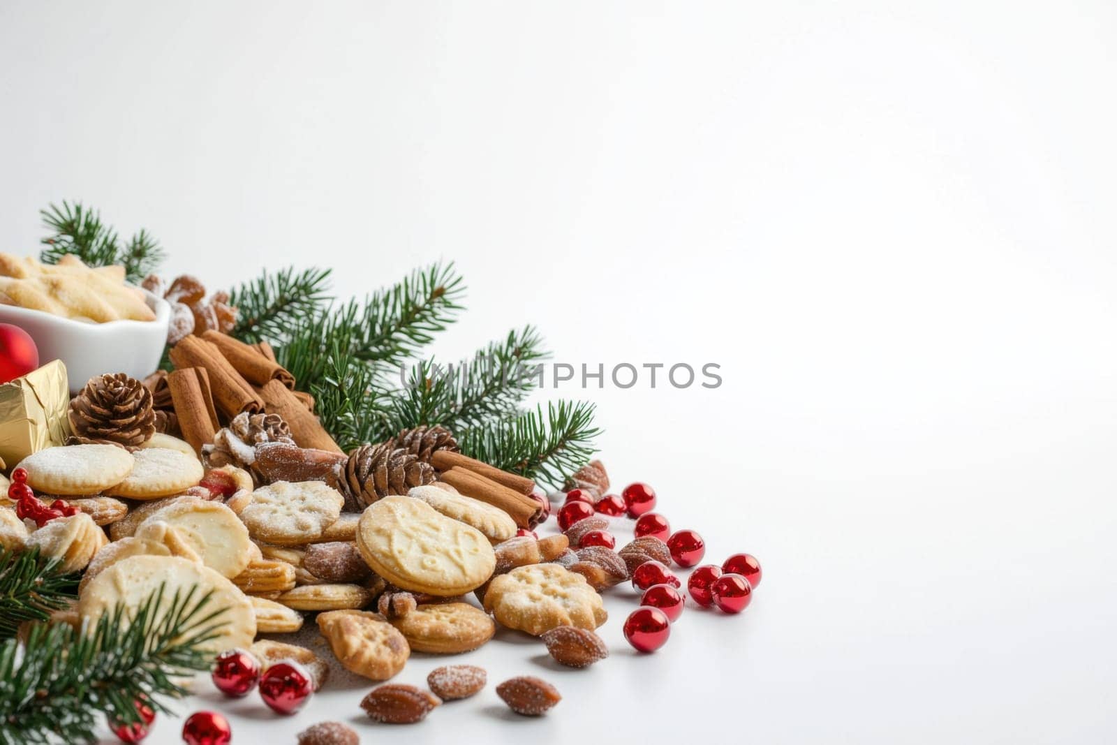 A delightful assortment of holiday cookies pinecones and festive decorations arranged on a white surface evoking a joyful celebration.