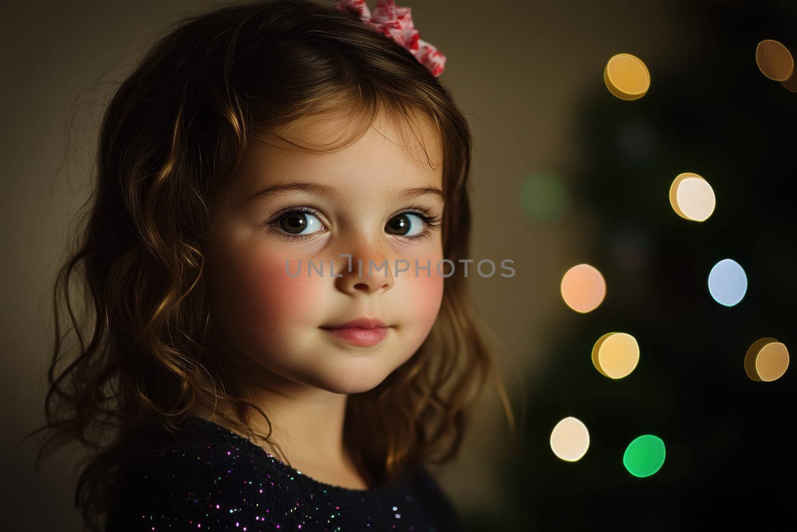 A young girl with curly hair gazes thoughtfully while festive lights from a Christmas tree twinkle in the background.