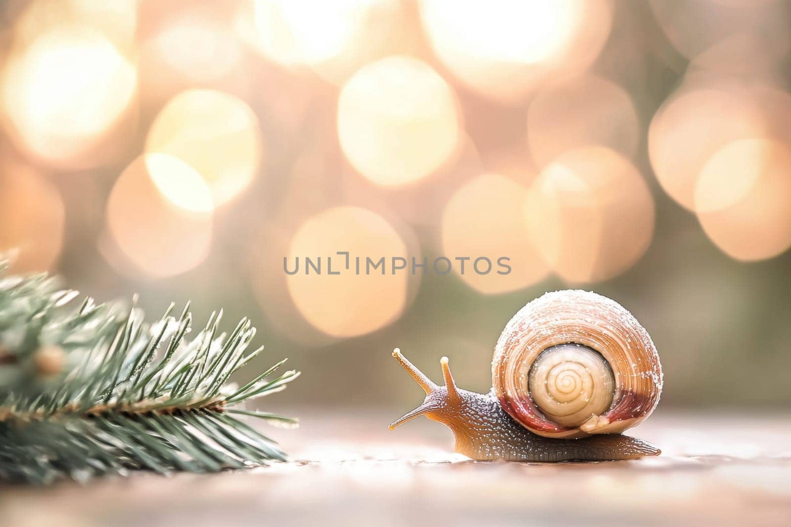A snail glides across a wooden surface alongside a pine branch with soft golden bokeh lighting in the background creating a serene atmosphere.
