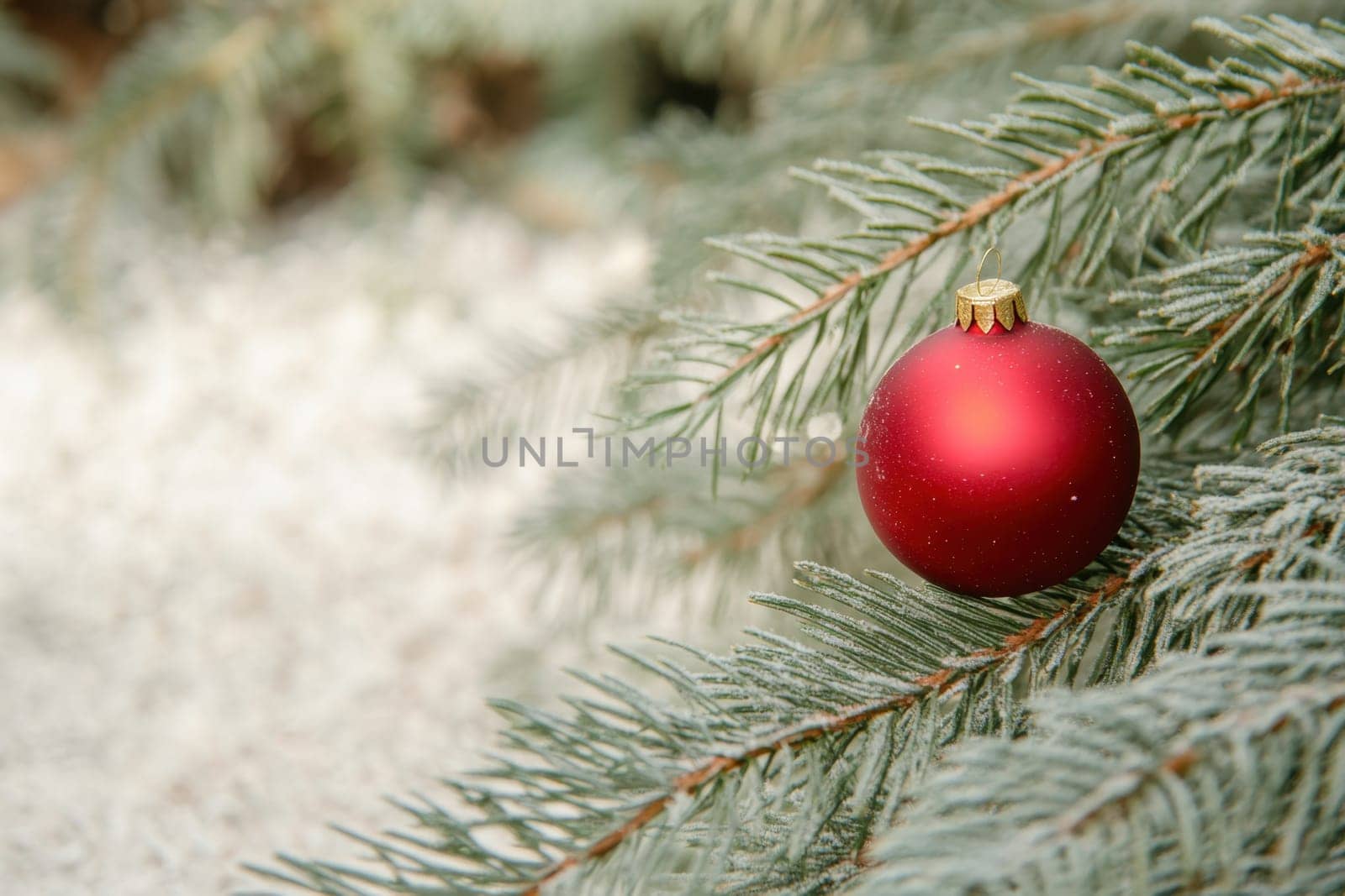 A red Christmas ornament rests on a frosted pine branch surrounded by soft snow showcasing winters festive beauty.