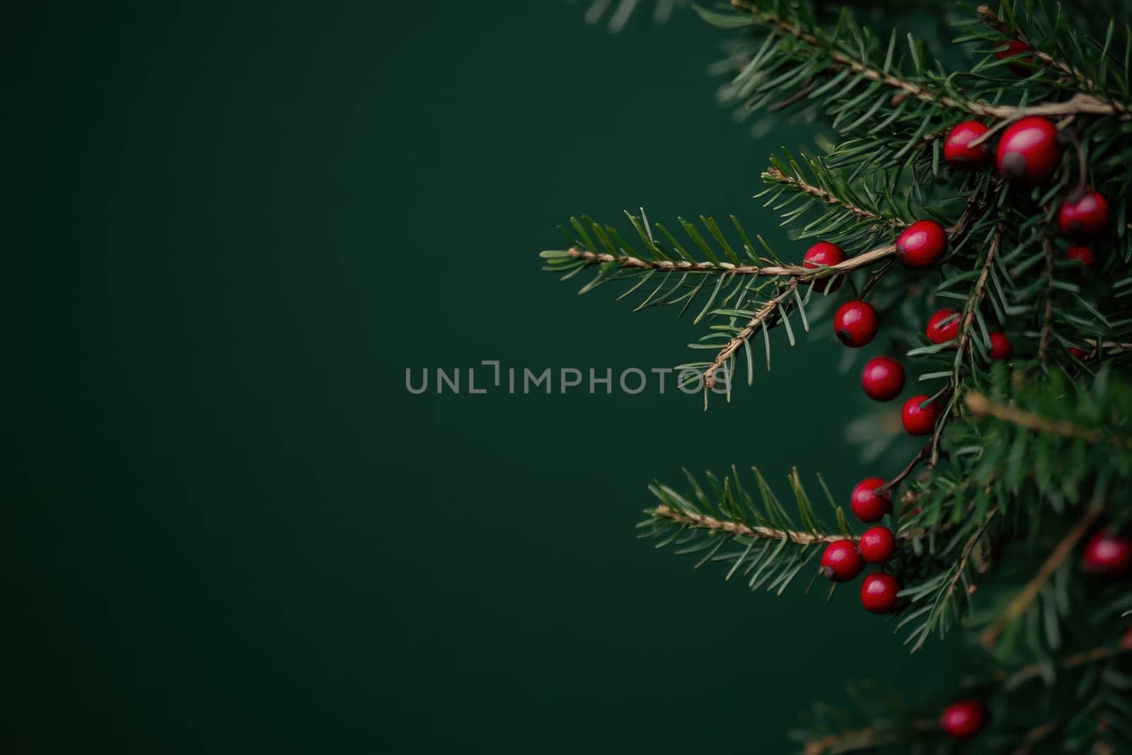 A close up of a pine branch with vibrant red berries set against a dark green background evoking a festive winter atmosphere.