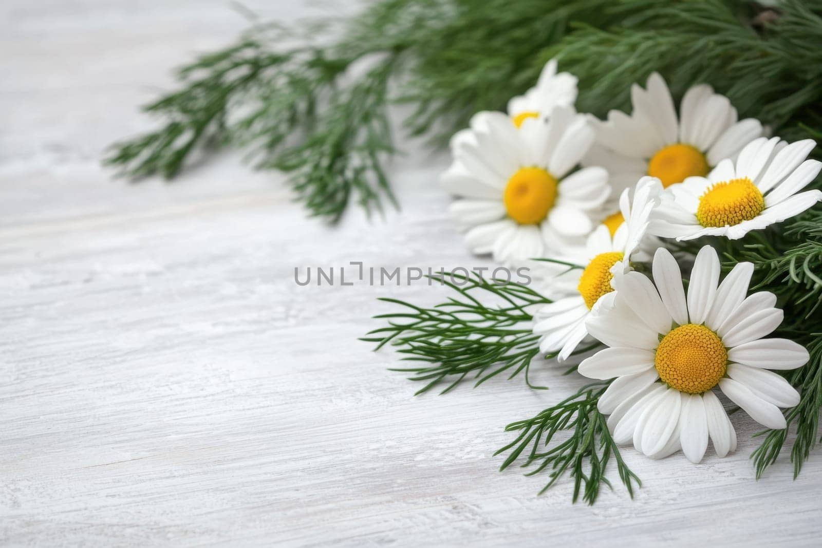 A bunch of fresh daisies rests on a light wooden table surrounded by lush green foliage creating a vibrant and natural arrangement.