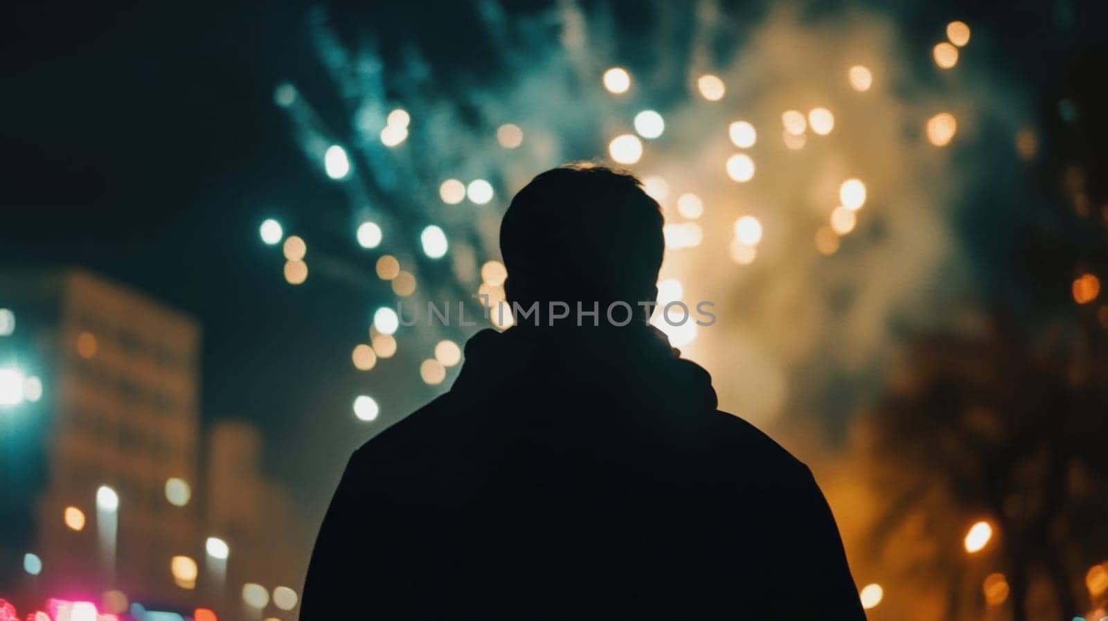 A person stands silhouetted against vibrant fireworks illuminating the night sky creating a festive atmosphere in the city.