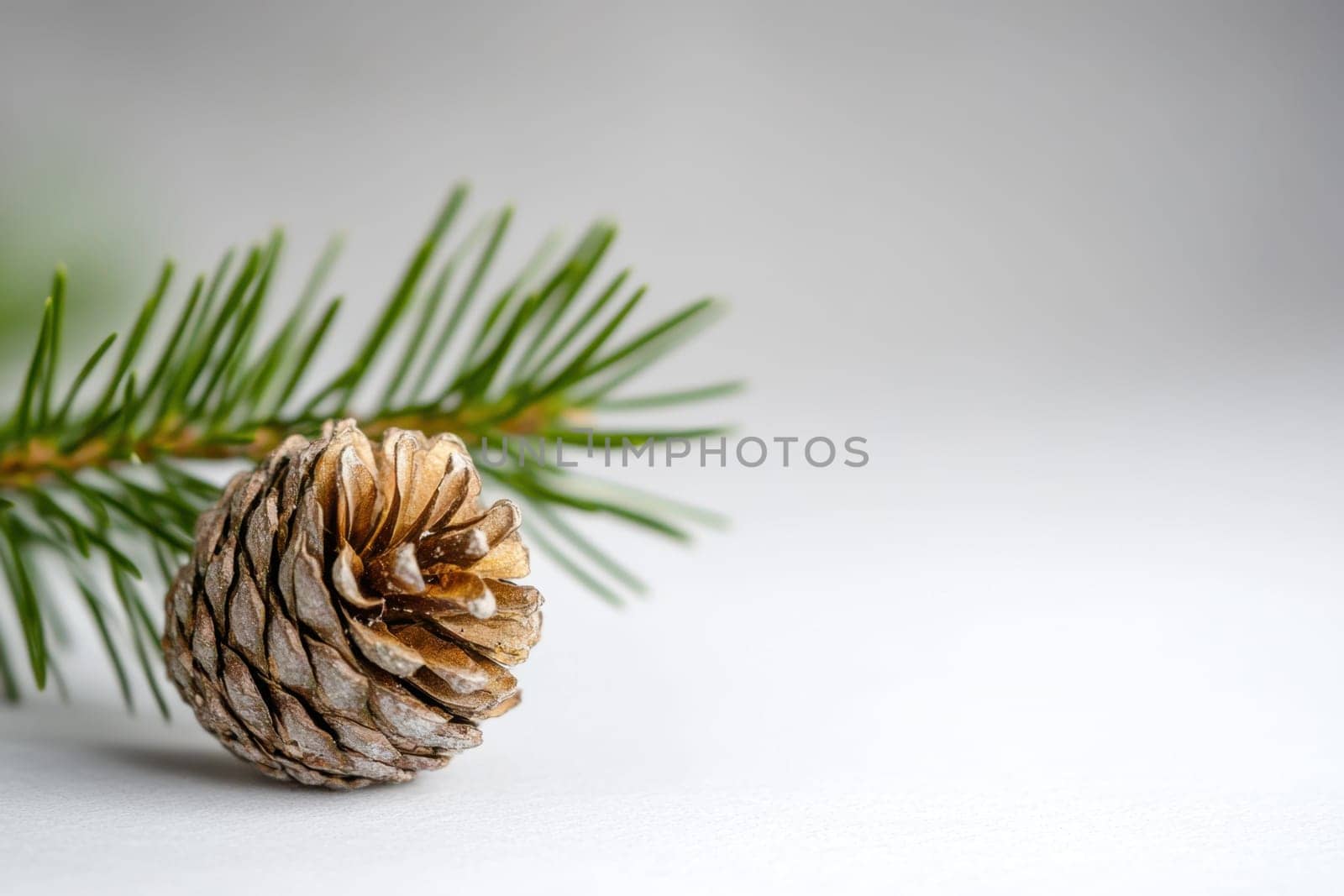 A detailed pine cone sits next to a pine branch showcasing the natural textures and colors against a light background.