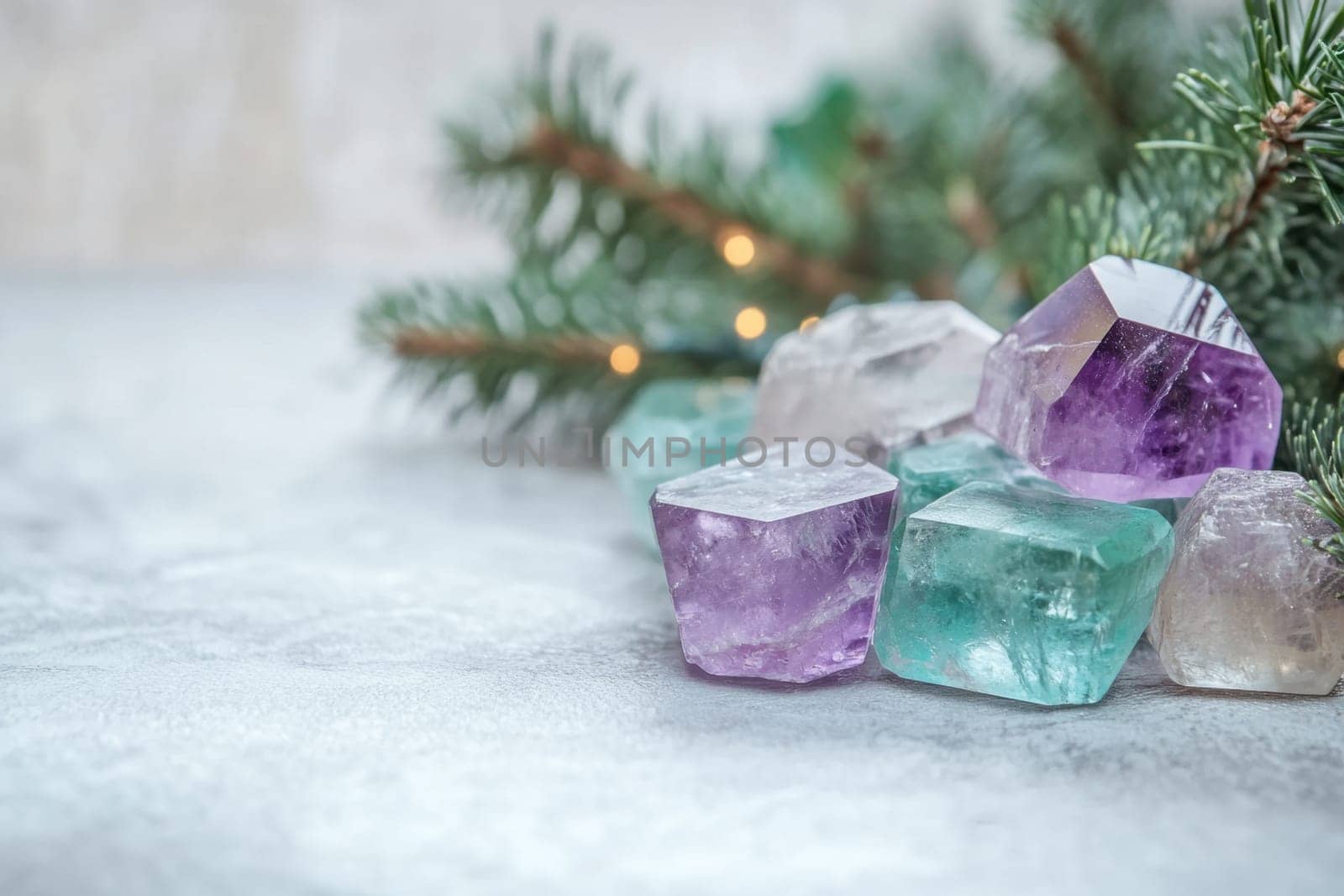 Various crystals in shades of purple and green are arranged on a marble surface with pine branches creating a serene decor.