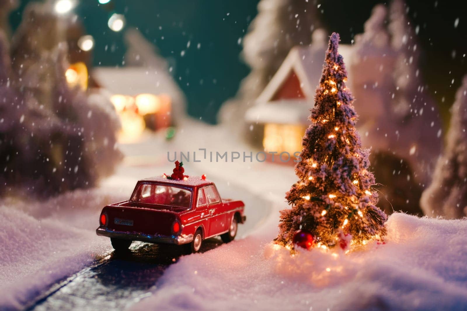 A classic red car drives down a snowy road passing quaint houses adorned with festive lights and a decorated Christmas tree.