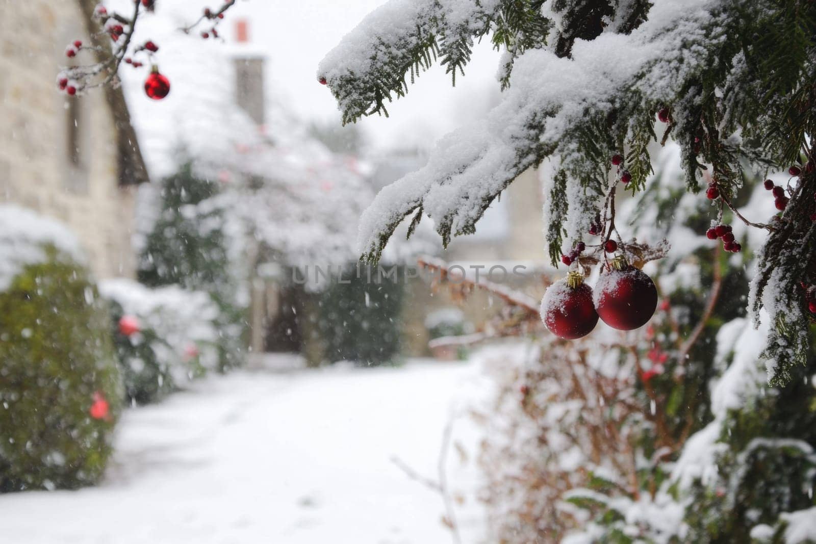 A serene winter garden adorned with red ornaments and blankets of snow showcasing a peaceful snowy day.