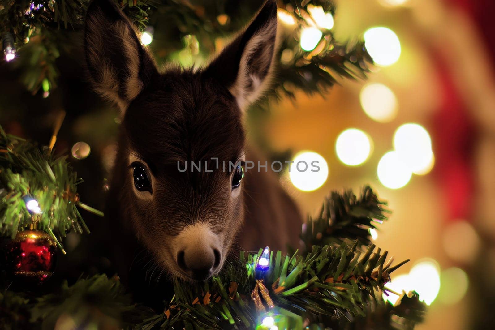 A curious young deer peeks through the decorations of a Christmas tree illuminated by soft colorful lights.