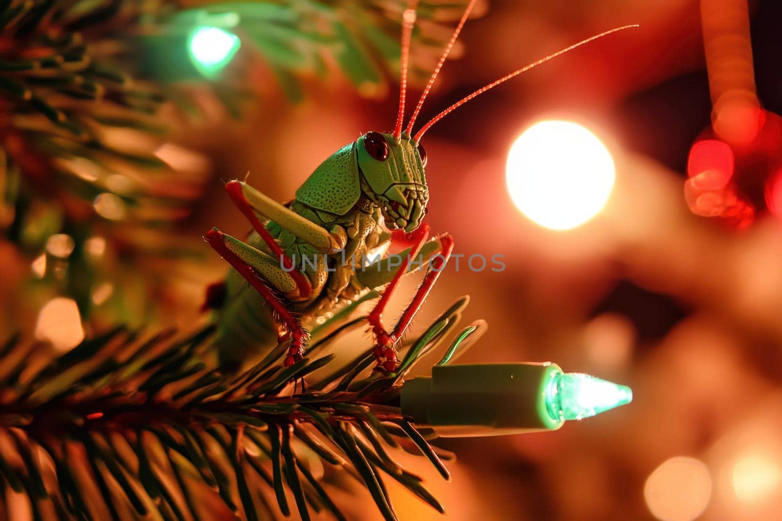 A grasshopper perches on a Christmas tree branch adorned with colorful lights creating a festive nighttime atmosphere.