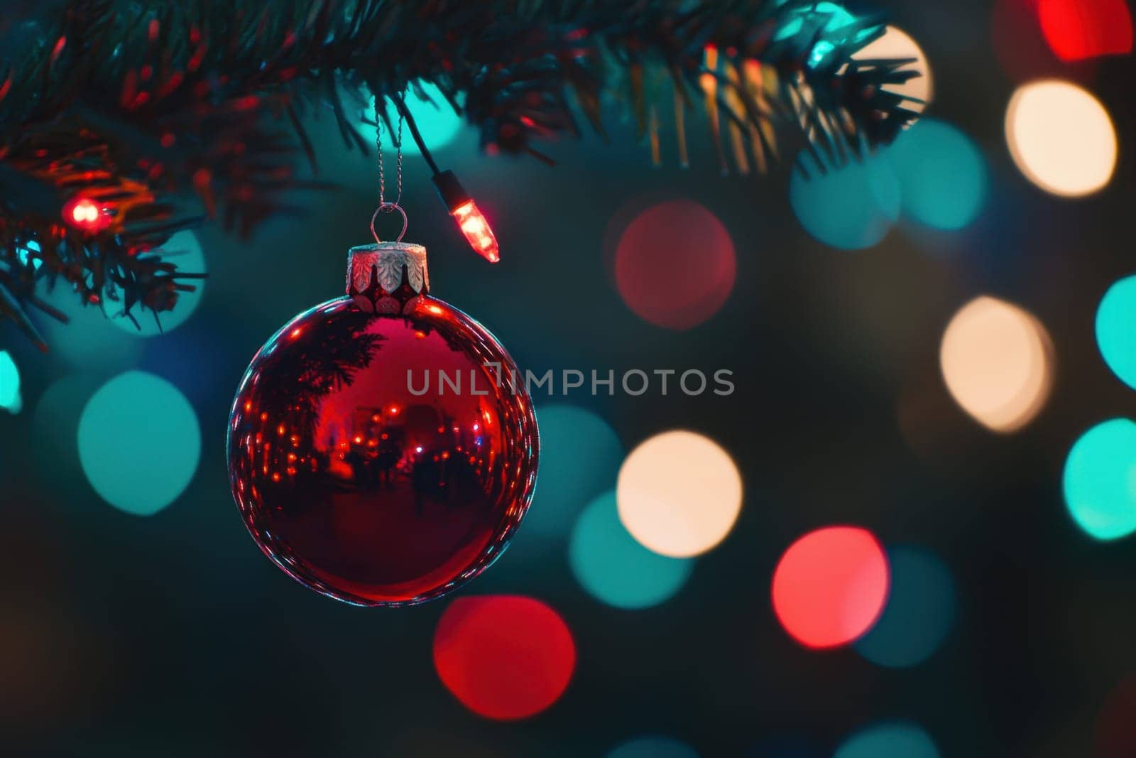 A shiny red ornament dangles from a Christmas tree branch surrounded by colorful bokeh lights in a festive atmosphere.