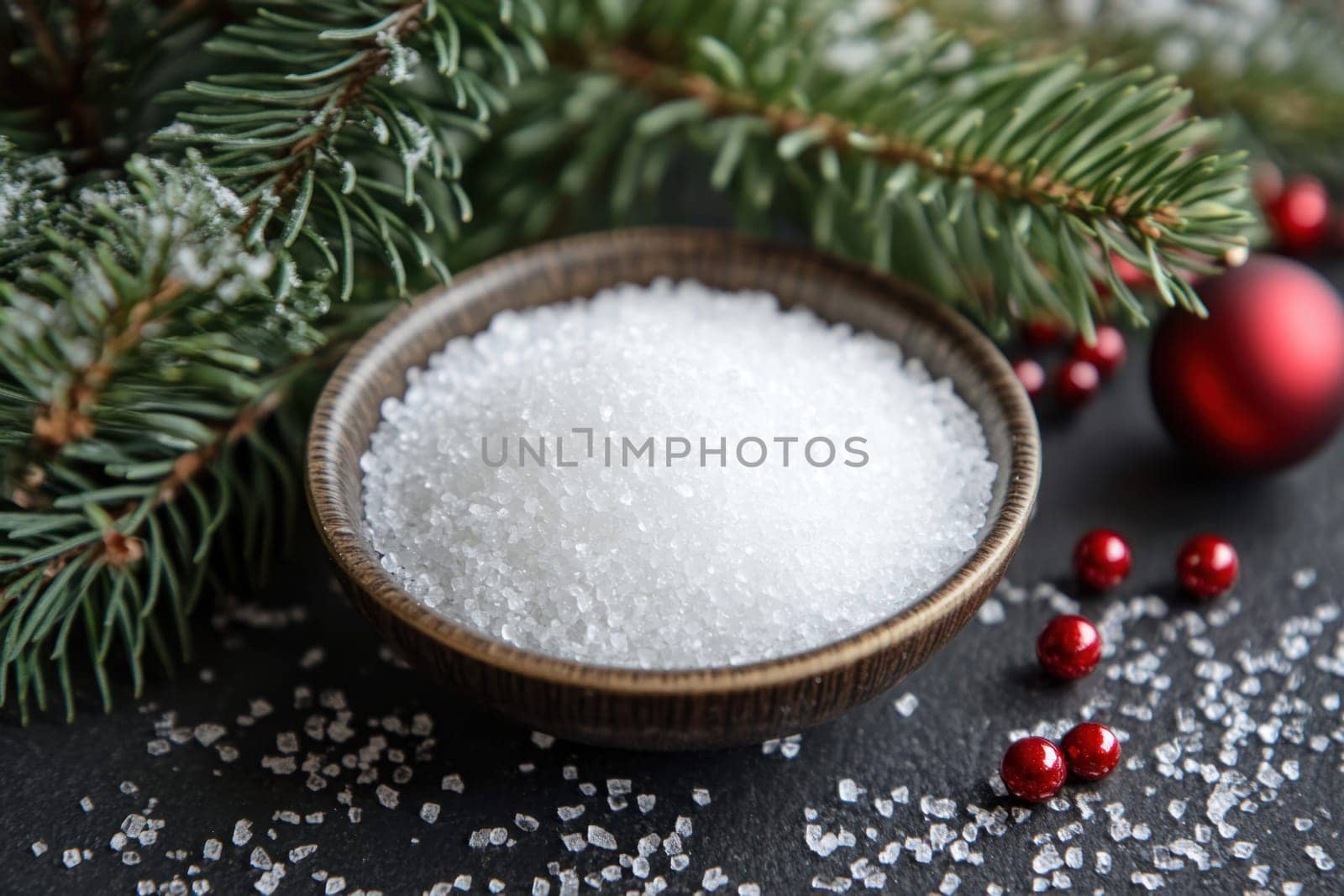 A small brown bowl filled with white sugar sits among festive pine branches and red ornaments creating a cozy holiday atmosphere.