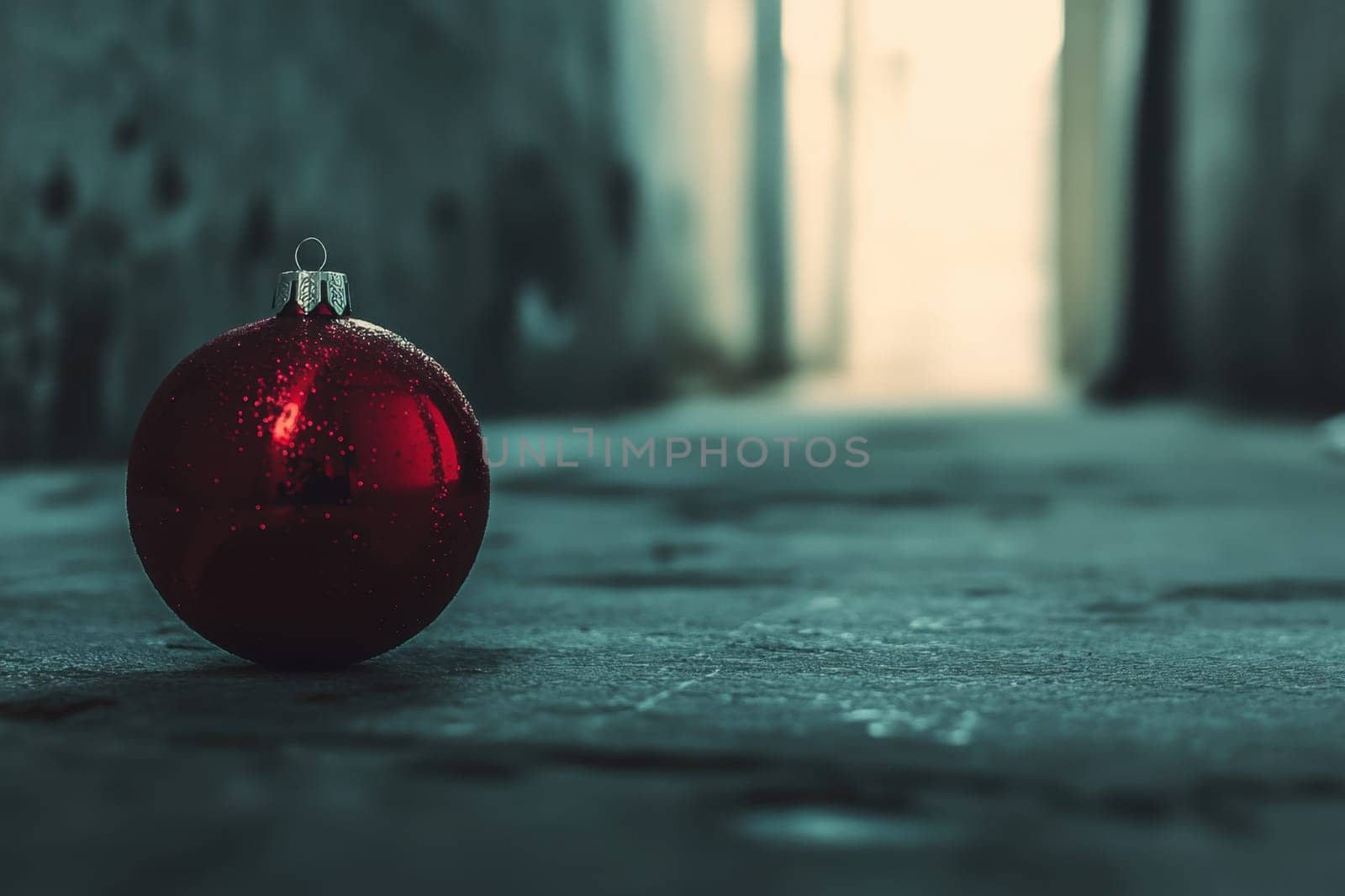 A single red Christmas ornament rests on the cold ground of an alley illuminated by soft natural light from the distance.