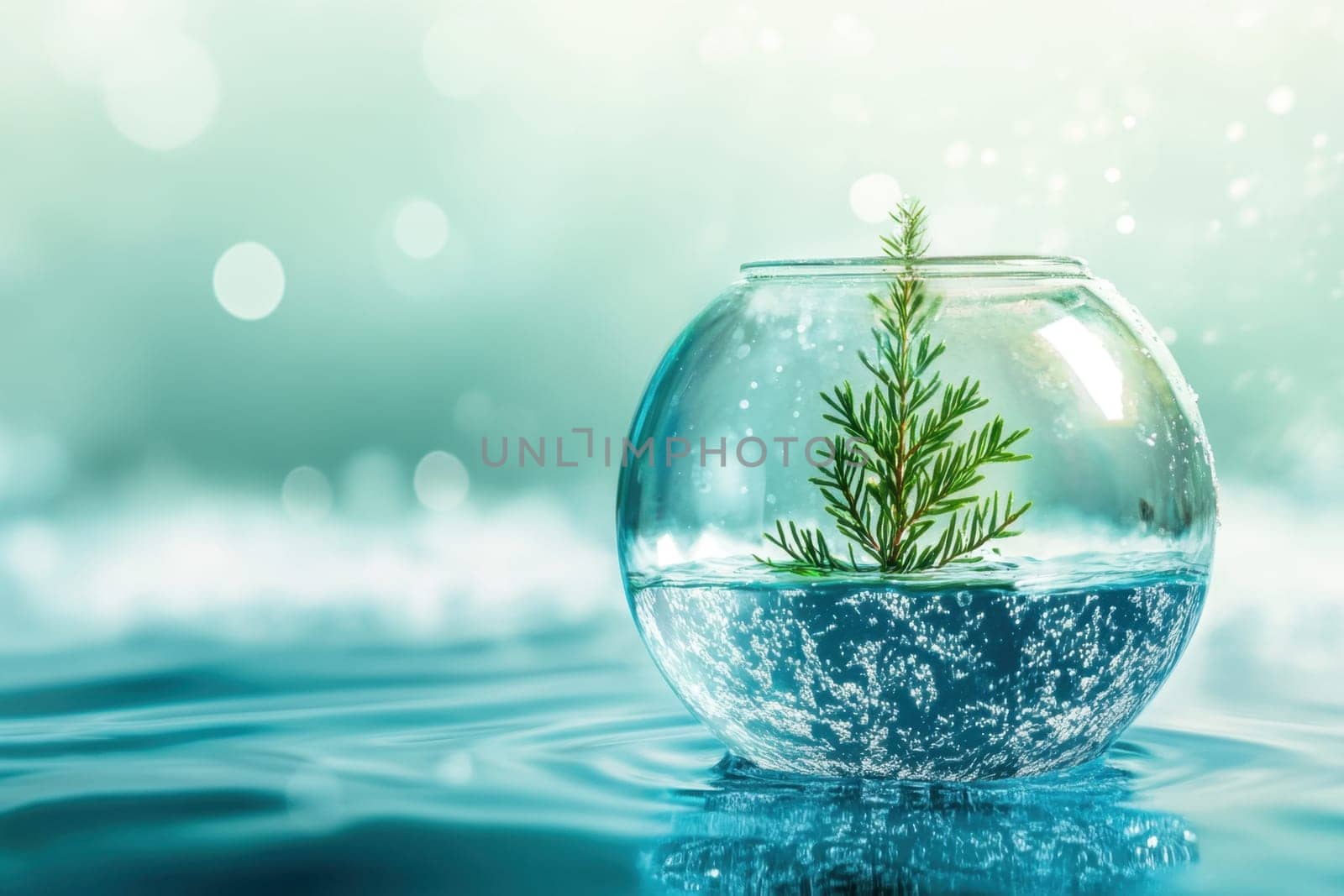 An evergreen plant stands upright in a clear glass bowl filled with water creating a tranquil atmosphere with gentle ripples and soft light.