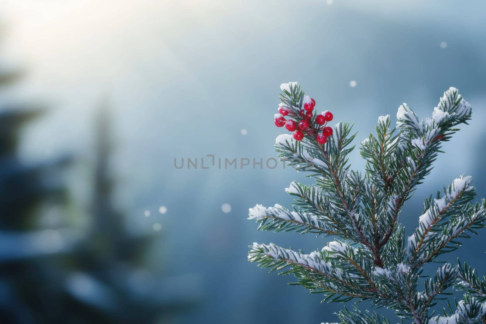 A pine branch draped in snow features vibrant red berries creating a striking winter scene set in a serene forest background.