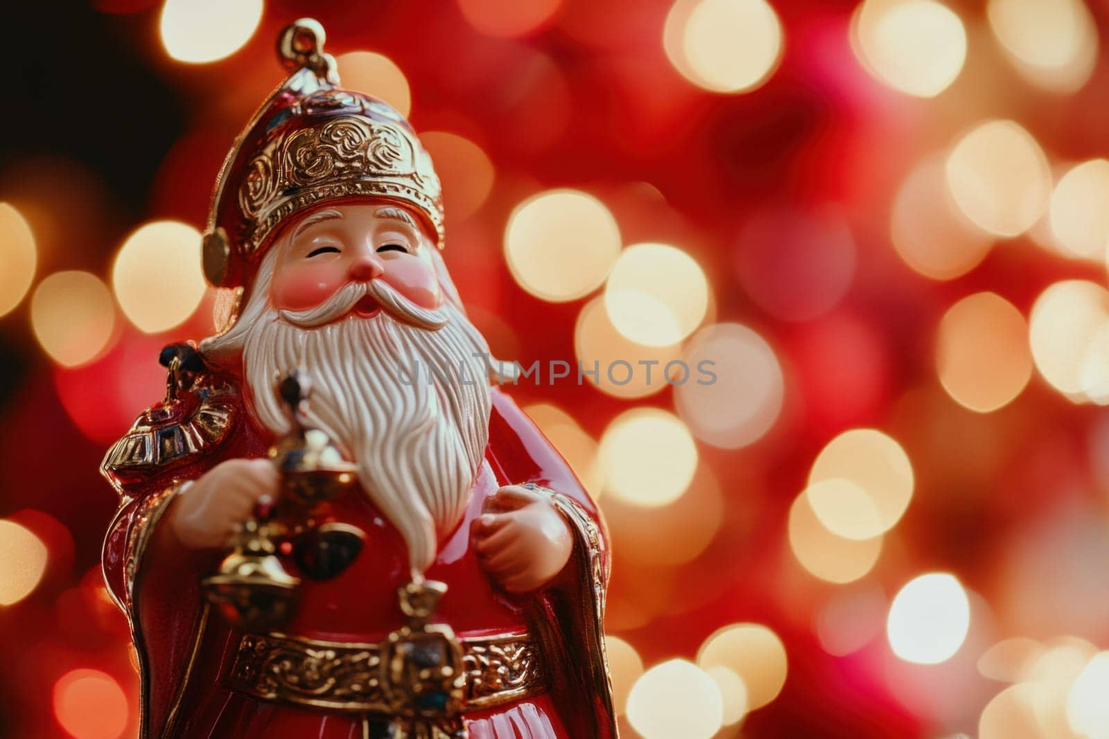 A detailed Santa Claus figurine stands proudly in front of a colorful bokeh background symbolizing the holiday spirit and joy.