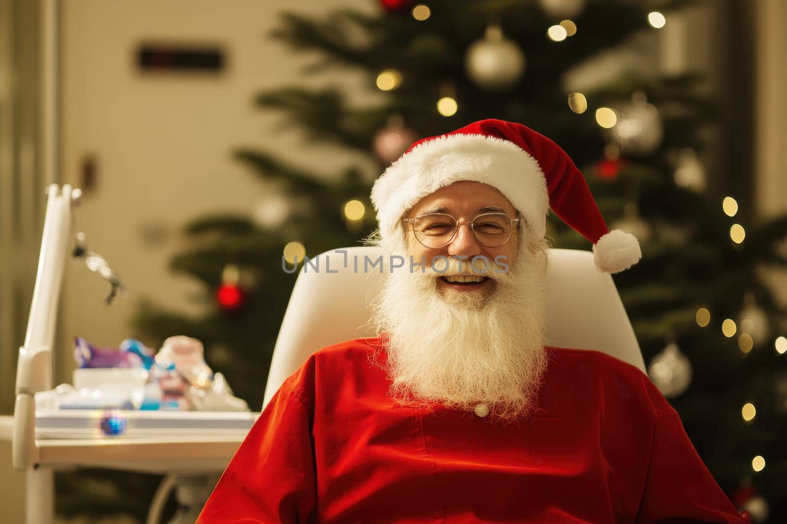 A joyful Santa Claus with a white beard and glasses smiles warmly while seated near a beautifully decorated Christmas tree.