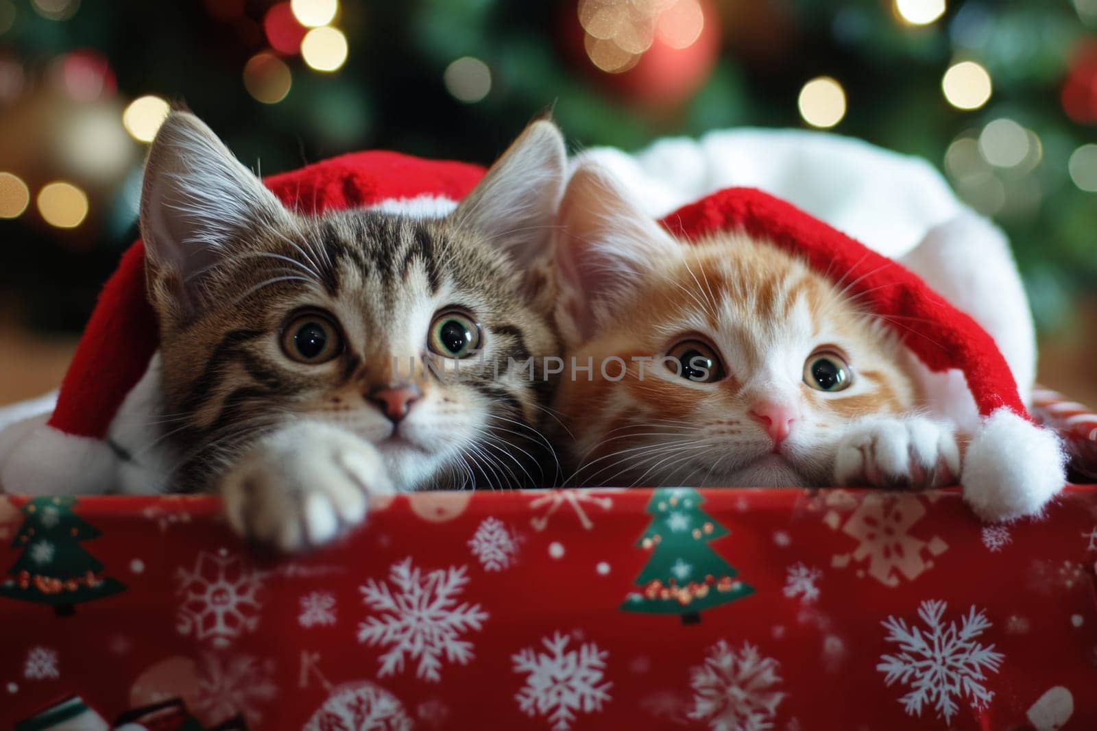 Two adorable kittens wearing Santa hats peek out from a decorated Christmas box surrounded by cheerful holiday lights.