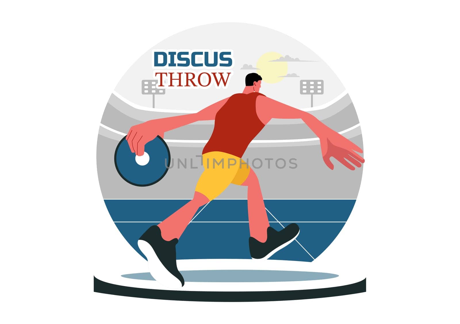 Discus Throw Athletics Vector Illustration featuring an Athlete Throwing a Wooden Disc in a Sports Championship with a Flat Style Cartoon Background