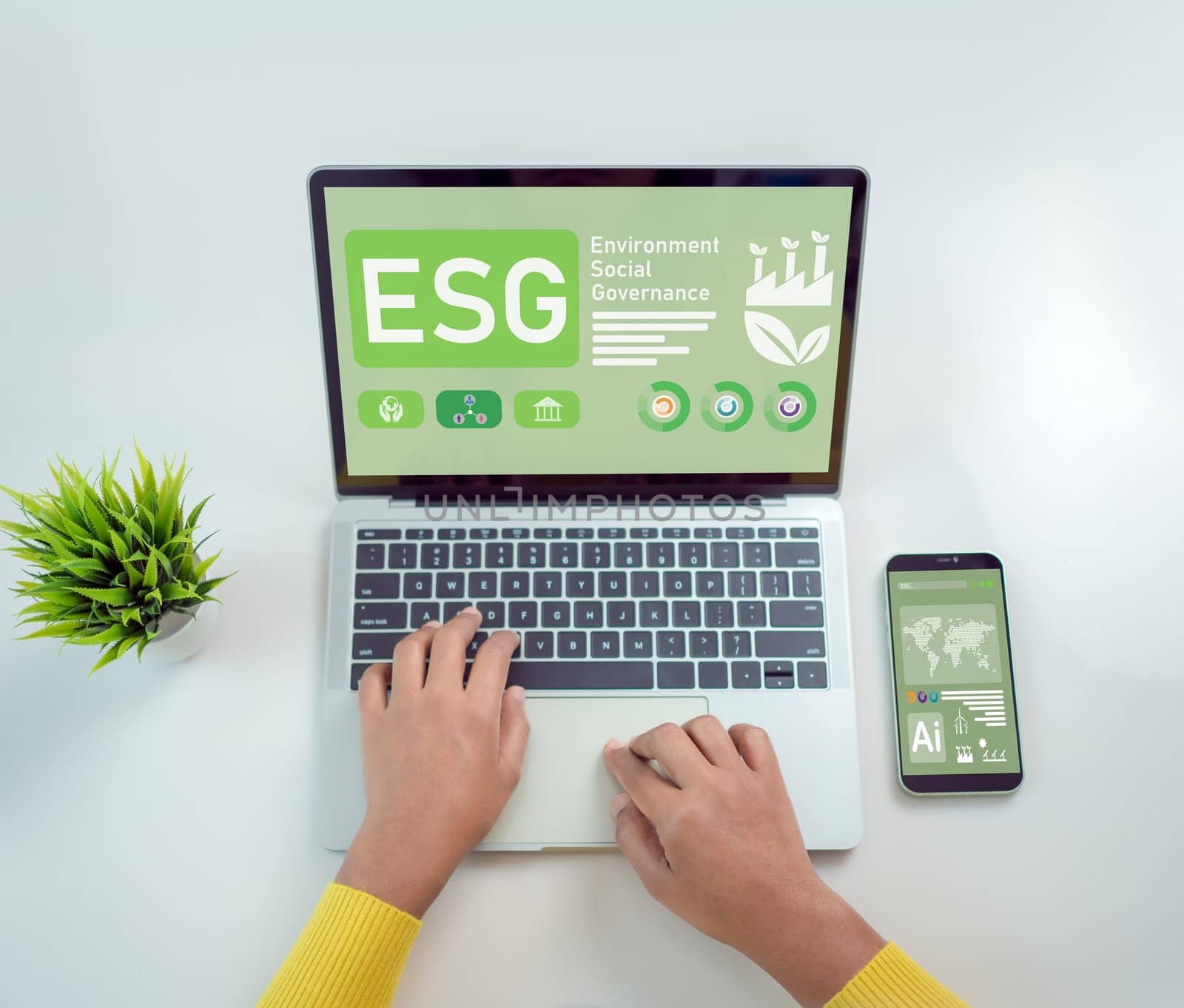 Woman hand using laptops to analyze ESG on screen in business investment strategy concept, ESG environment social governance investment business concept, Environmental and business growth together.