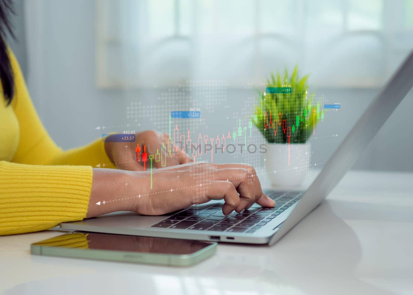 Businesswoman is showing a growing virtual hologram of analytics dashboard with charts, Stock market, Business growth, Progress or success concept, Invest in trading, Finance, Sales, Marketing.