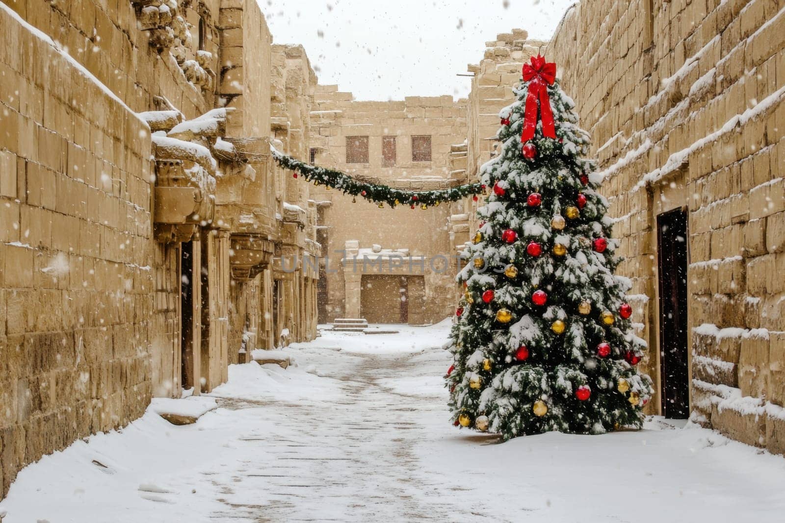 A beautifully decorated Christmas tree stands in a snowy ancient street lined with stone buildings capturing a festive winter atmosphere.