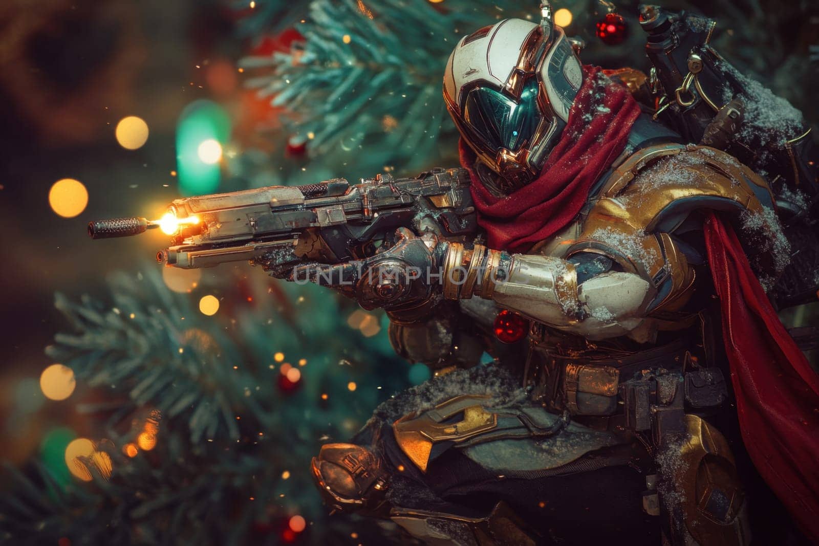 A detailed robotic figure clothed in armor and a scarf aims a weapon in front of a beautifully decorated Christmas tree.