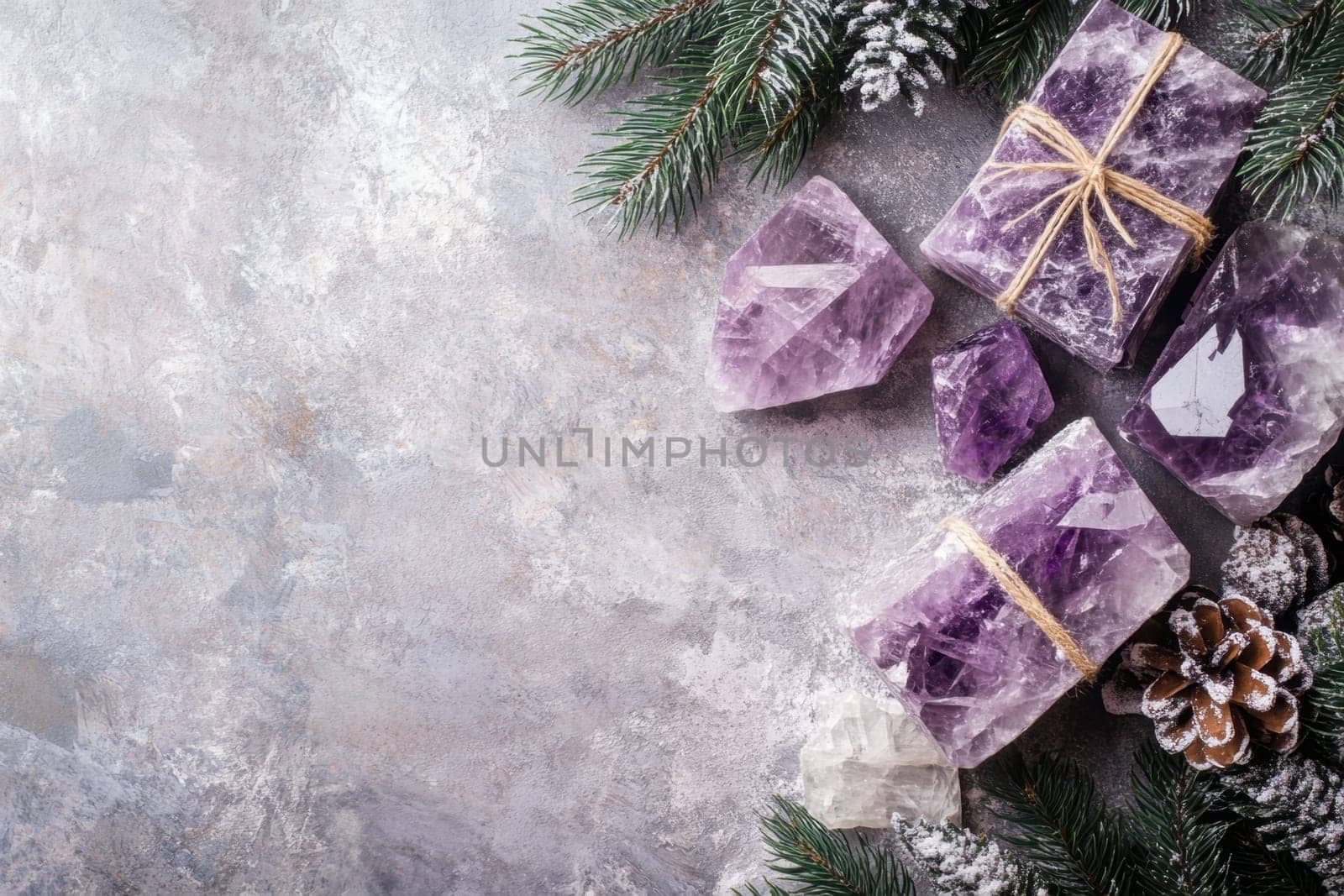 A collection of purple amethyst crystals surrounded by pine branches and holiday decorations creating a serene winter atmosphere.
