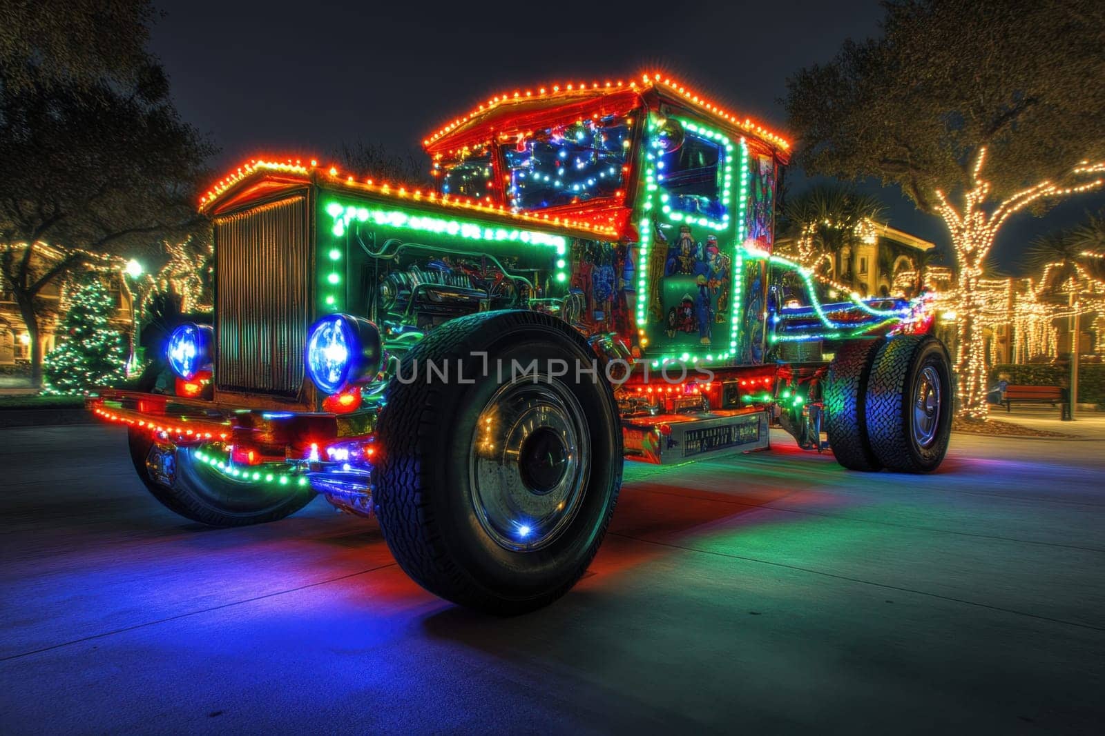 A brightly lit vintage truck showcases colorful Christmas decorations surrounded by twinkling lights in a festive atmosphere at night.