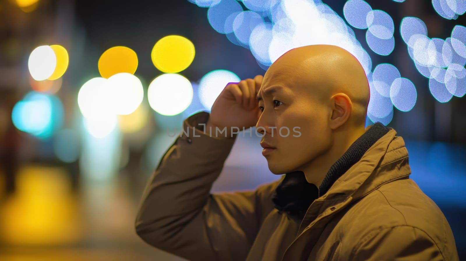 A man stands outdoors in a winter coat deep in thought as glowing lights create a beautiful backdrop during a chilly evening.