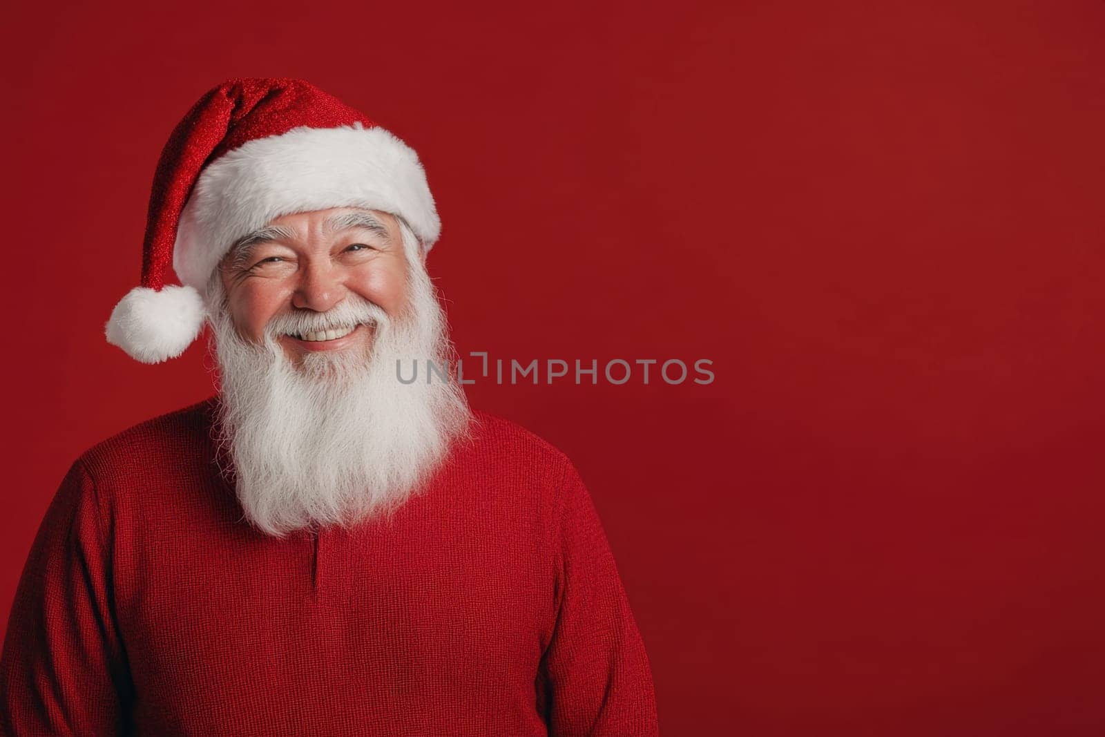 A joyful man dressed as Santa Claus with a red hat and sweater smiles warmly. The bright red background adds to the festive spirit.