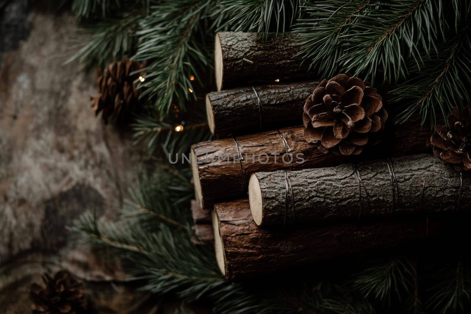 A cozy arrangement of logs and pinecones amidst evergreen branches creates a warm winter atmosphere perfect for seasonal decoration.