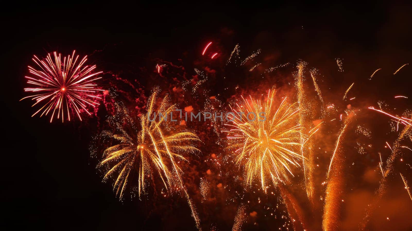 A vibrant fireworks show illuminates the night sky with bursts of red gold and orange creating a festive atmosphere for onlookers.