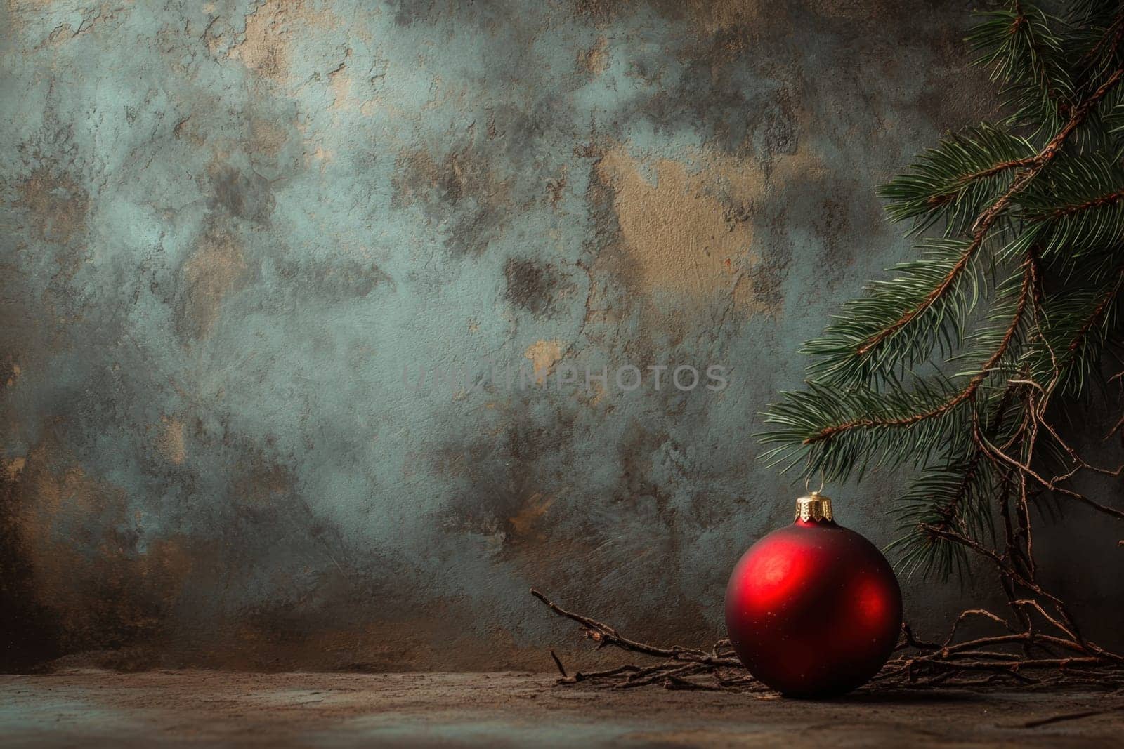 A vibrant red Christmas ornament rests near lush pine branches against a textured muted backdrop evoking a festive holiday spirit.