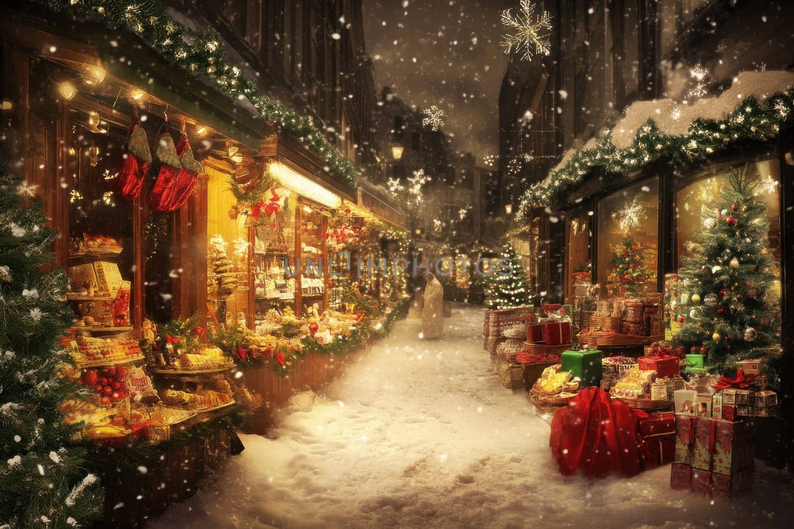 A charming winter market illuminated by warm lights adorned with festive decorations surrounded by snow on a December evening.