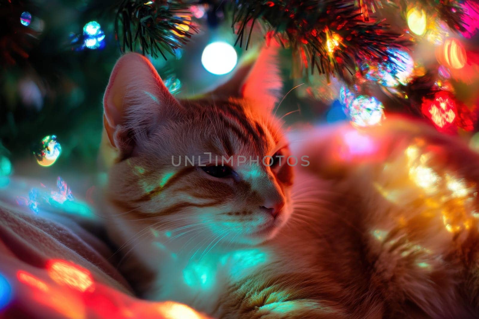 A ginger cat is lounging contentedly beneath a brightly lit Christmas tree surrounded by colorful shimmering lights.