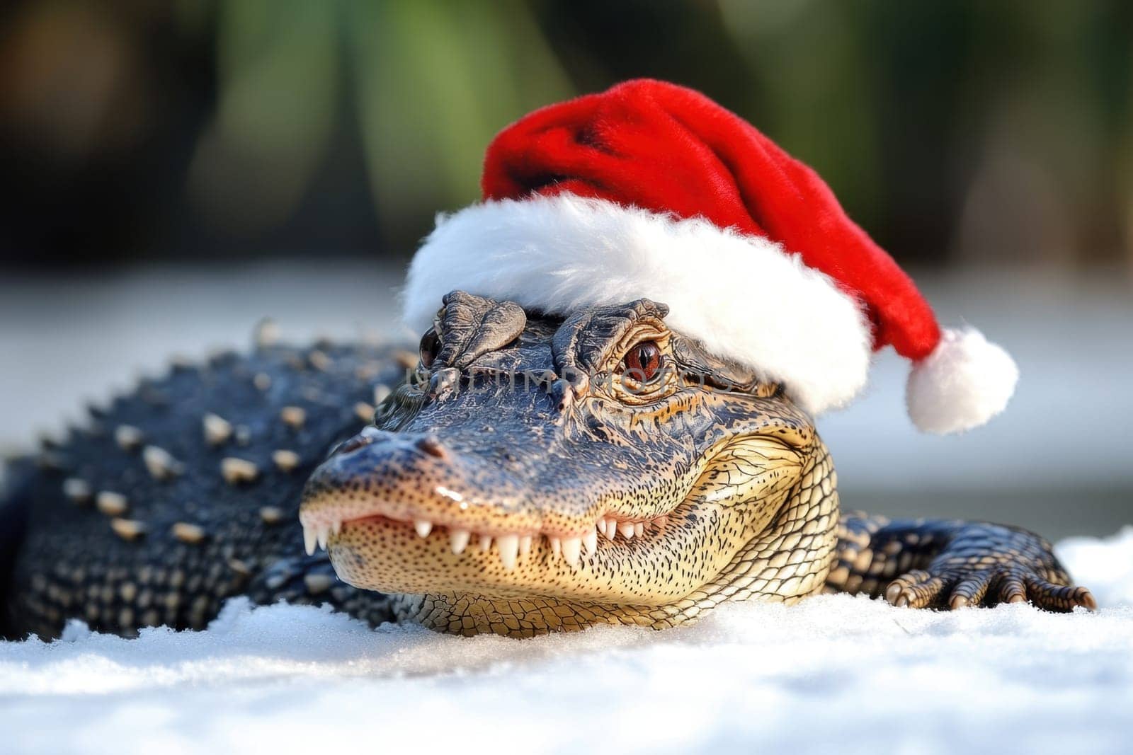 A crocodile lounges in the snow while donning a festive Santa hat creating a whimsical and holiday themed atmosphere.