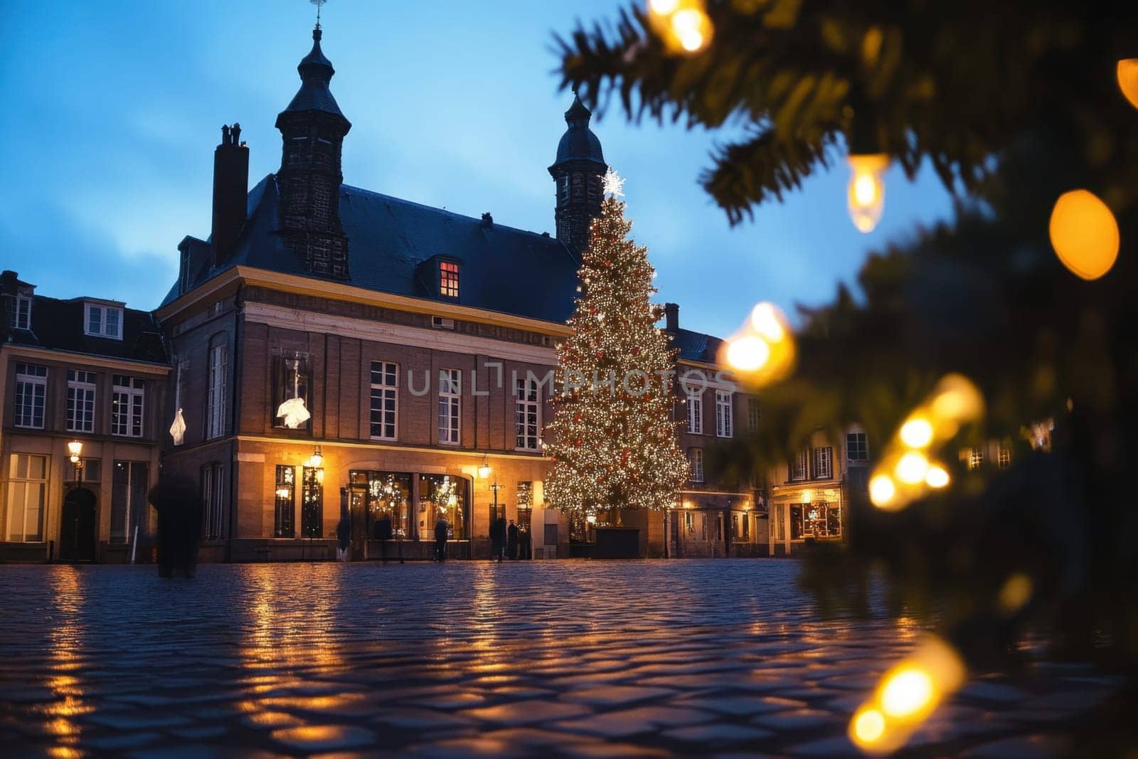 A beautifully lit Christmas tree decorates a charming marketplace creating a festive winter atmosphere during the evening hours.