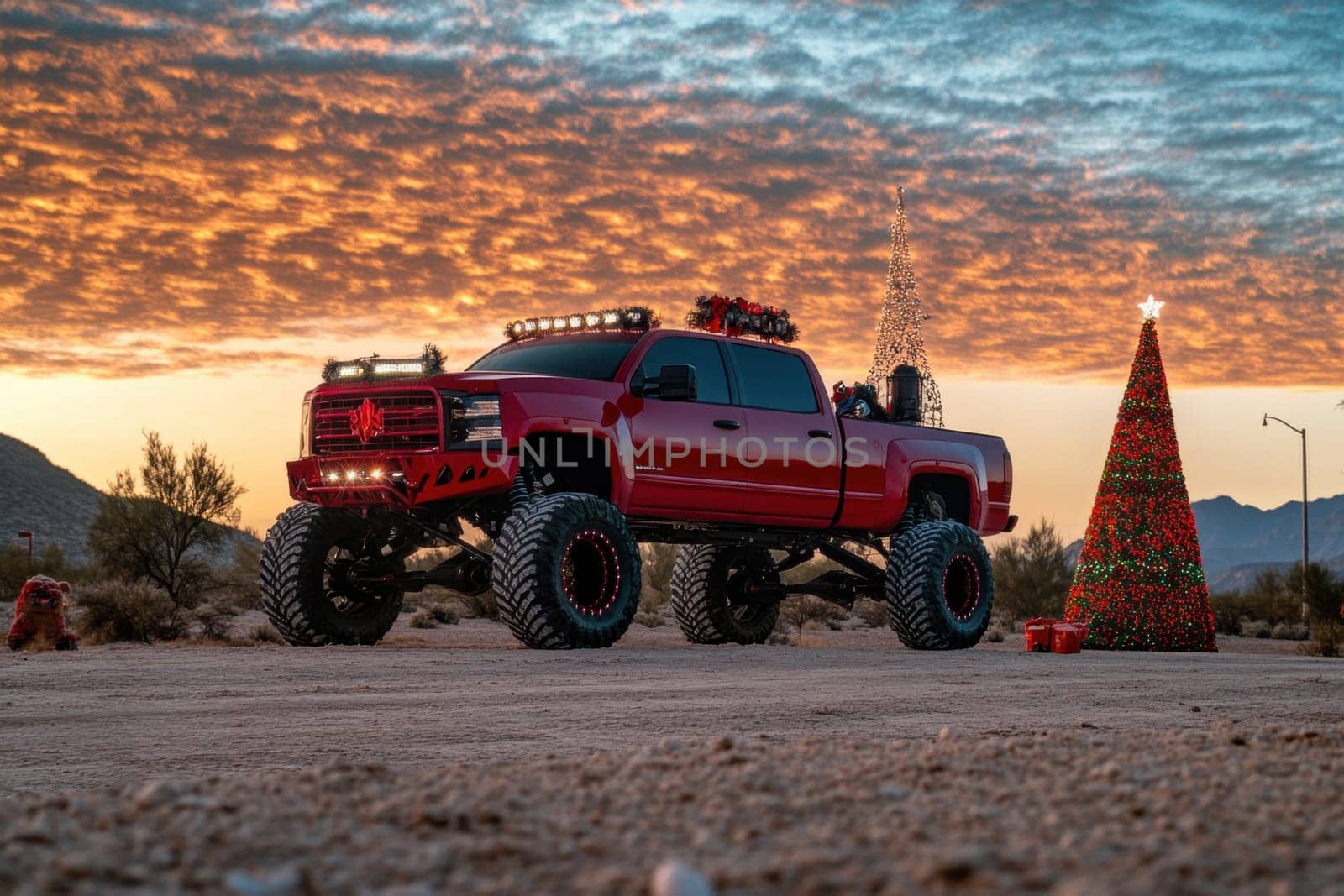 A lifted red truck adorned with holiday lights sits next to a bright Christmas tree at sunset in a desert landscape.