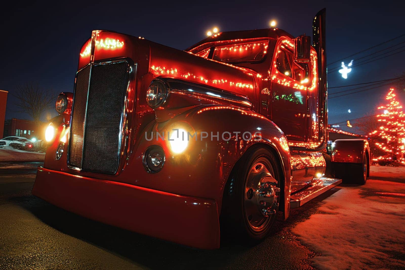 A striking red truck adorned with vibrant lights is parked at night showcasing its festive decorations against a winter backdrop.
