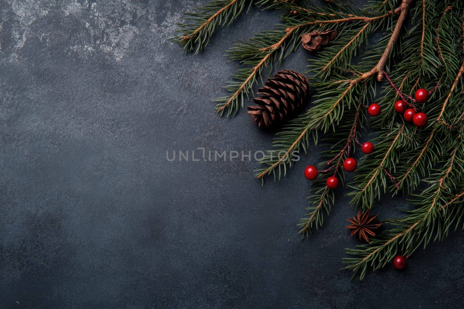 Pine branches adorned with bright red berries and a pine cone create a cozy winter atmosphere perfect for holiday decorating.