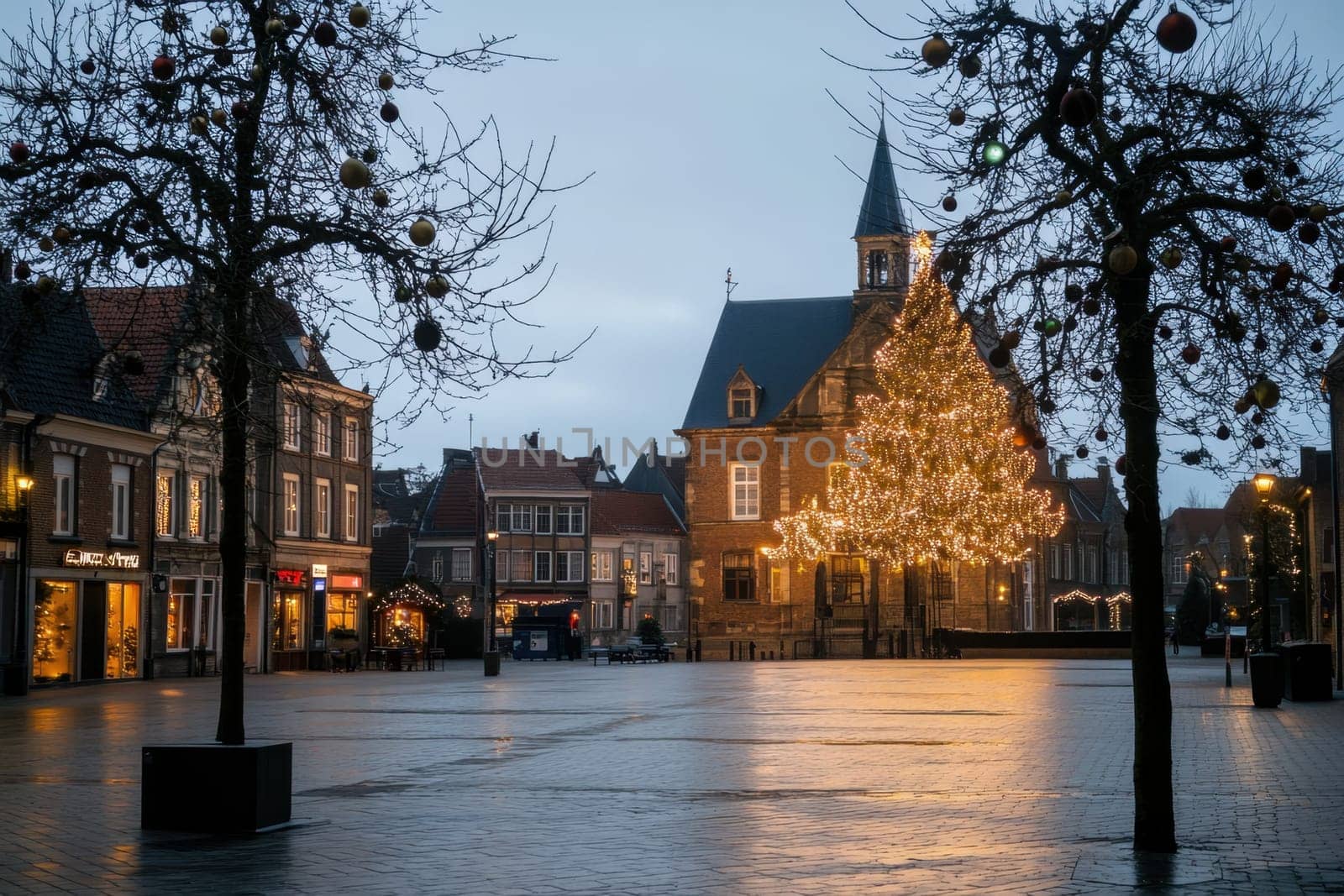 A beautifully lit Christmas tree stands in a peaceful town square surrounded by decorated trees and charming buildings at dusk.