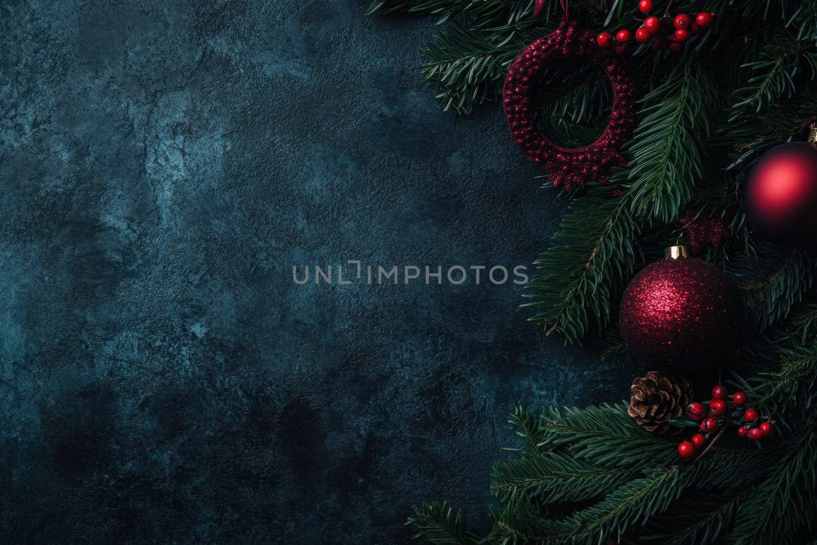 Festive red ornaments and pine branches create a holiday atmosphere perfect for celebrating the Christmas season.