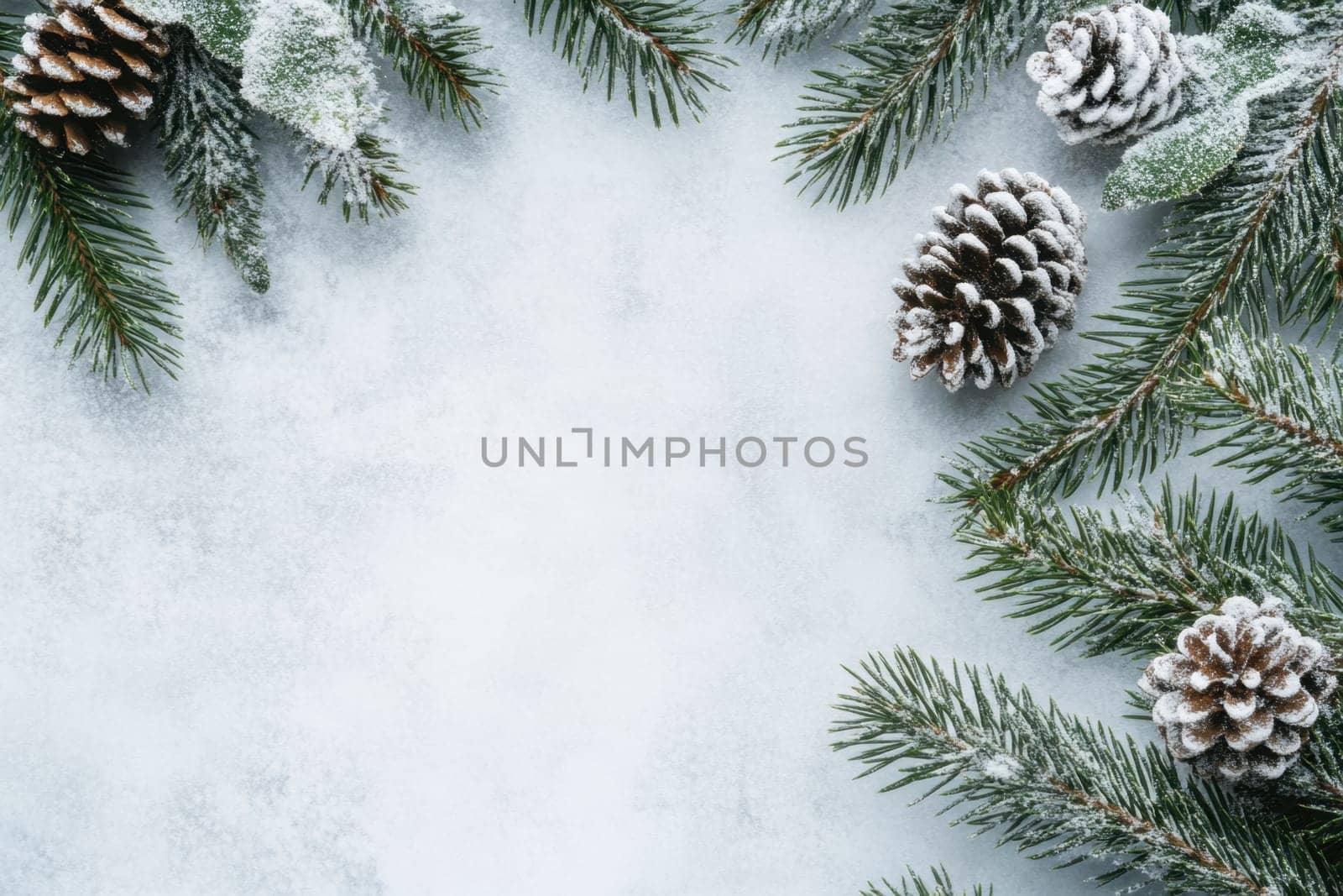 Evergreen branches with pinecones create a festive winter atmosphere against a light snowy surface perfect for seasonal decorations.