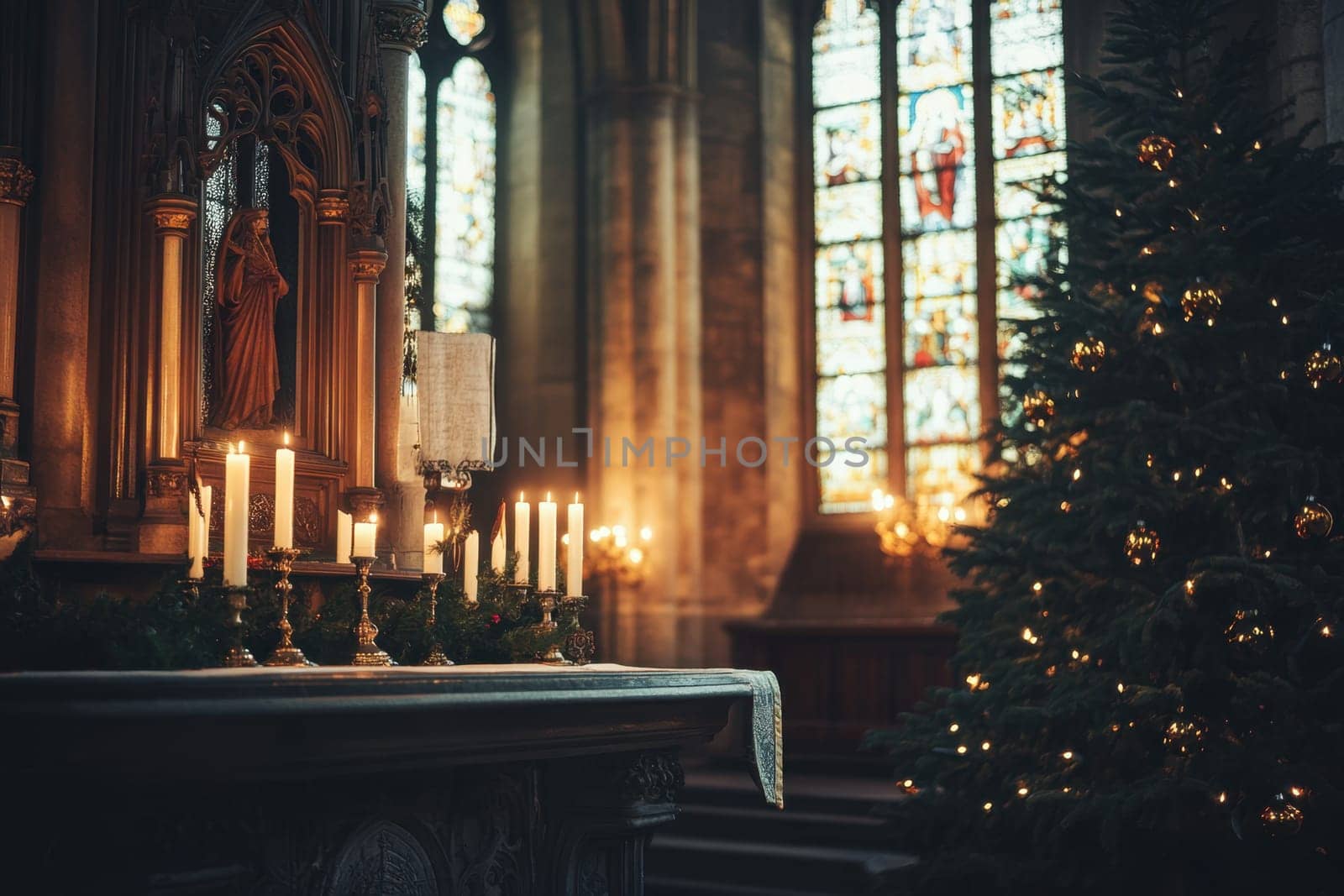 A serene church altar adorned with candles and decorated for the holiday season featuring a beautifully lit Christmas tree nearby.
