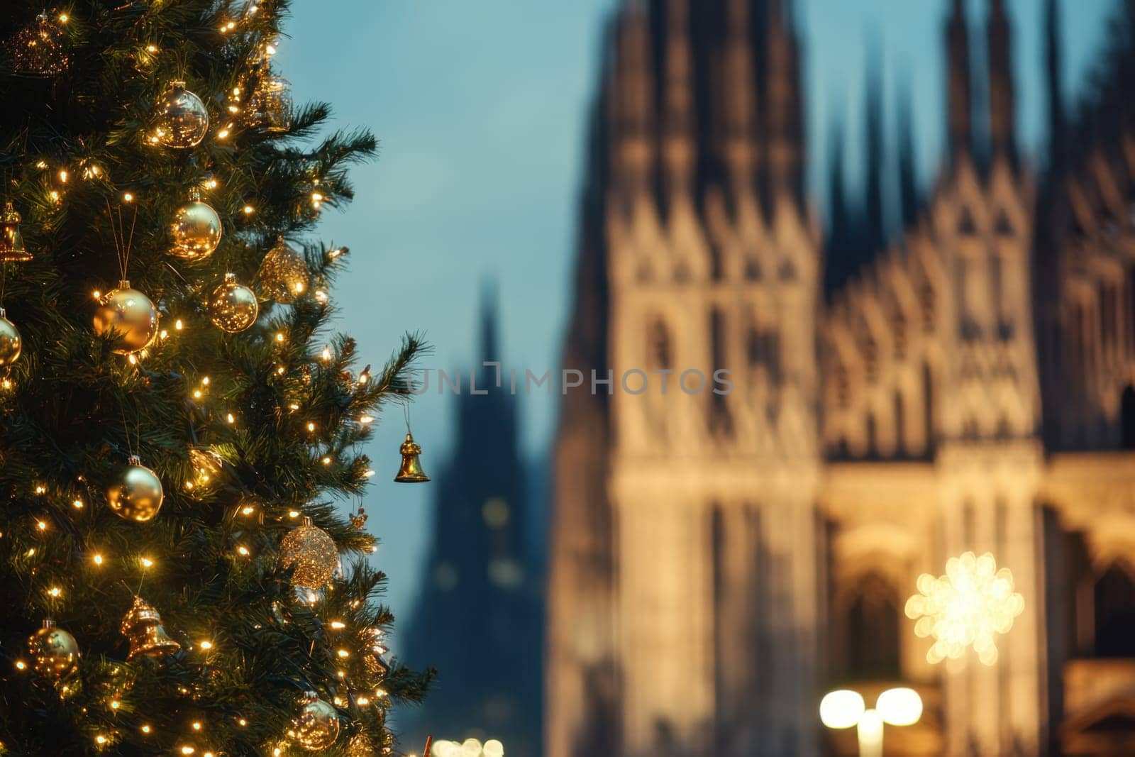 A beautifully adorned Christmas tree stands illuminated near the cathedral as twilight descends creating a festive atmosphere.