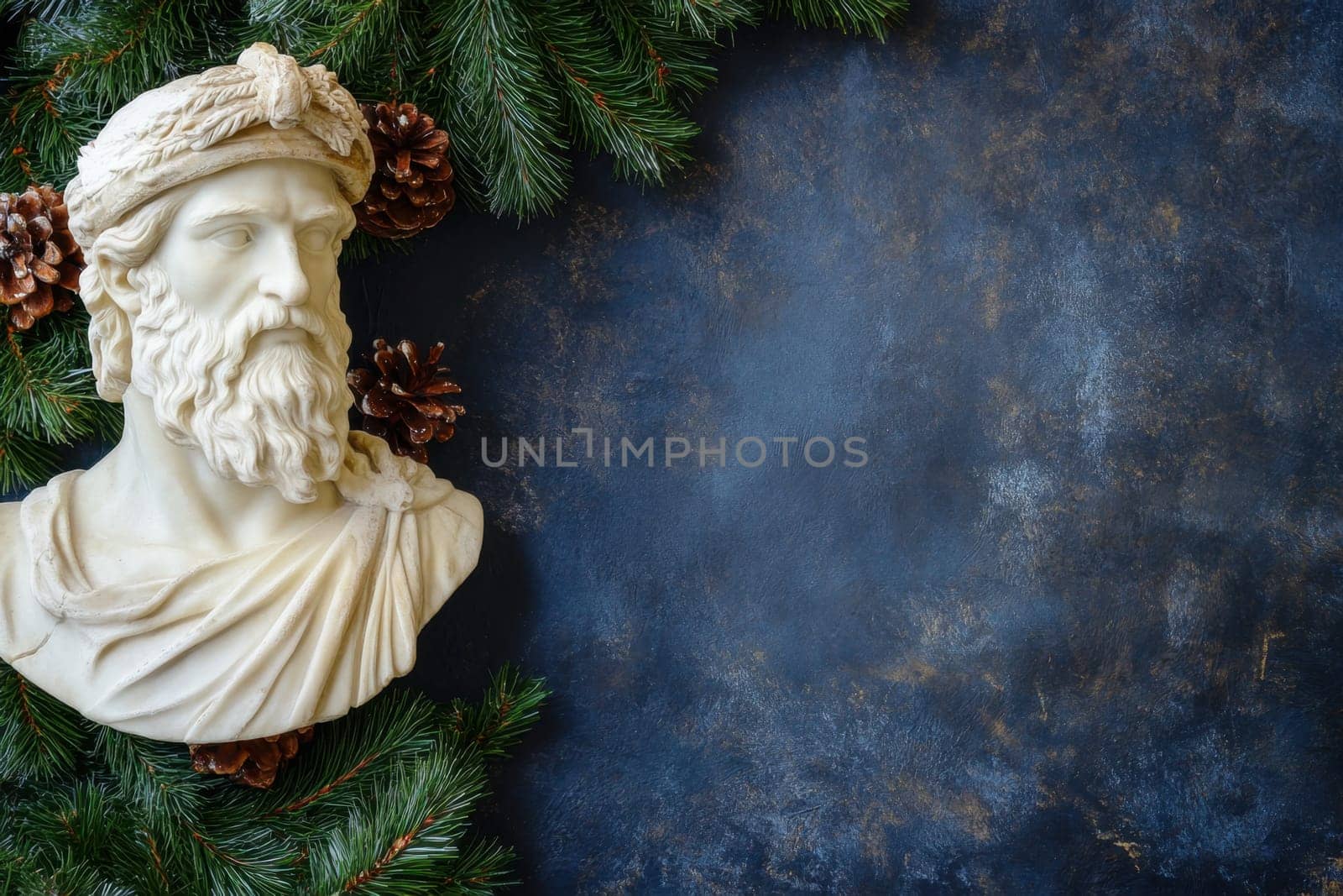 A white marble bust of a classical figure is surrounded by pine branches and cones on a dark background creating a festive atmosphere.