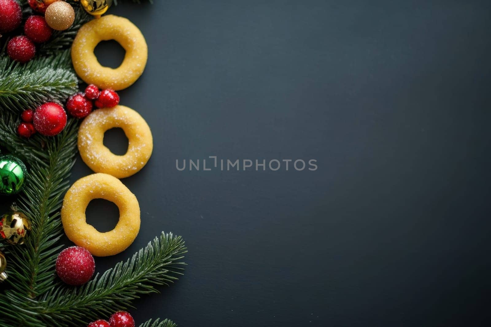 Three festive donuts are beautifully arranged next to vibrant holiday ornaments and evergreen branches creating a seasonal display.